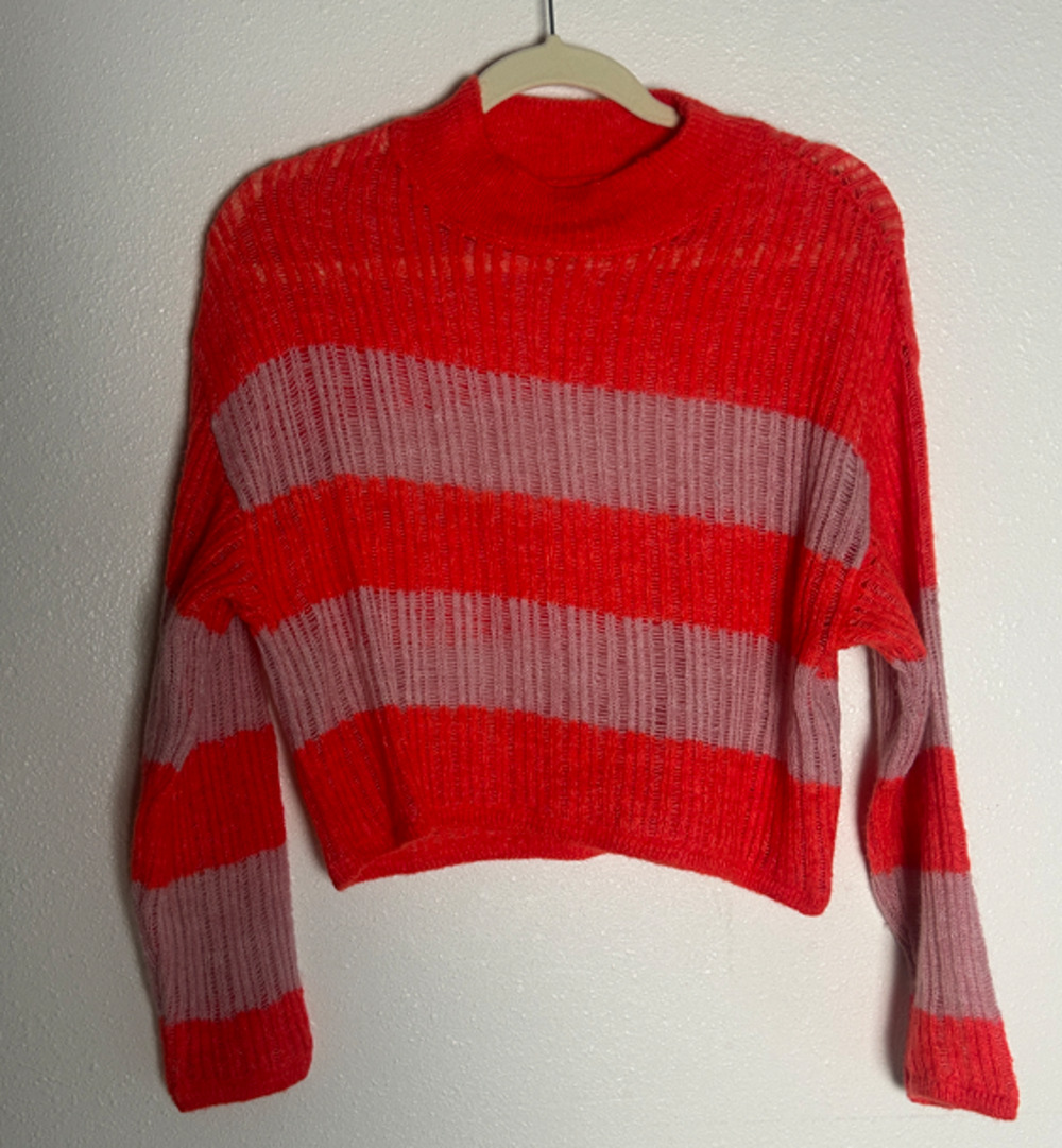 Anthropologie Red Pink Striped Loose Knit Wool Blend Sweater Size Medium
